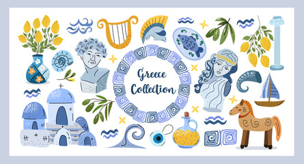 Greece Collection Hand drawn Mediterranean illustrations inspired by Greece architecture, statues, olive branches, lemons, pottery, sea elements, and mythical vibes.