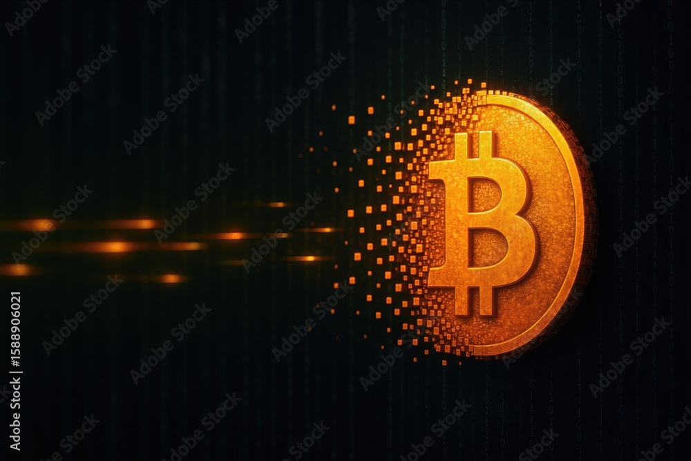 Poster blockchain payments explained concept. digital bitcoin coin with a pixelated effect on a dark backgr