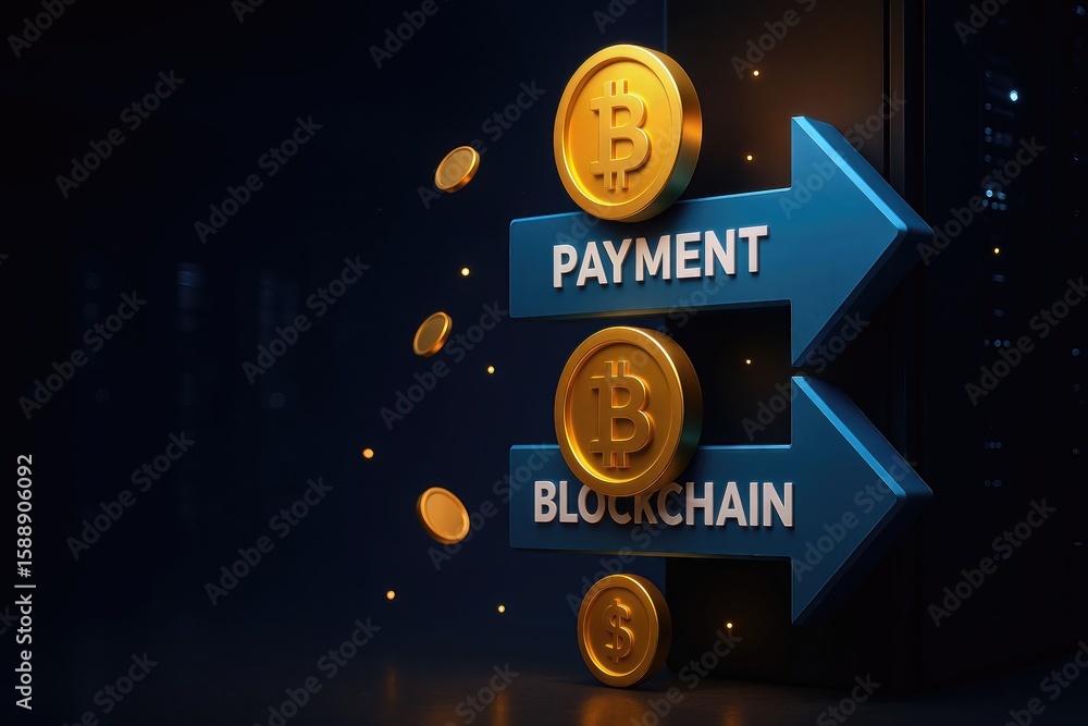 Poster blockchain payments explained concept. digital currency concept featuring blockchain and payment arr