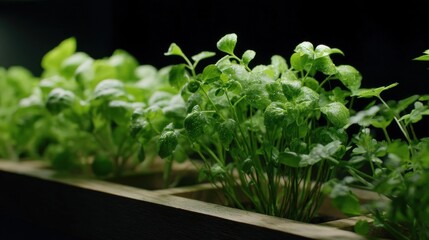 Close-up of a wooden planter box filled with small green plants. the plants appear to be microgreens, with small leaves and thin stems. the leaves are a vibrant green color and have a glossy texture.