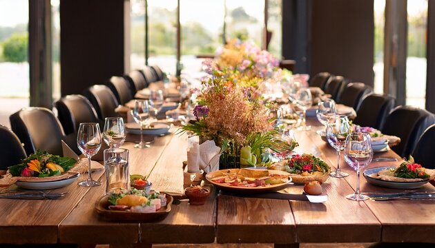 long table with food and flowers