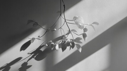 Black and white photograph of a plant hanging from a wire. the plant has multiple leaves that are arranged in a way that they are overlapping each other.