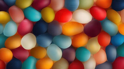 Close-up of a group of colorful easter eggs. the eggs are of different sizes and colors, including red, orange, yellow, blue, green, and purple.