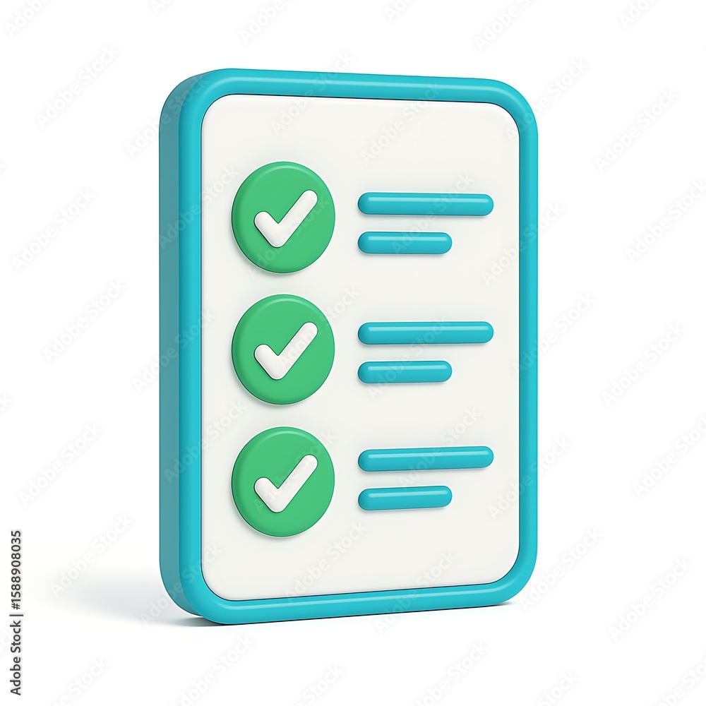 Aufkleber three green checkmarks on a task list with blue border isolated on white background