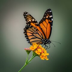 Obraz premium Monarch Butterfly Macro: Dew-Kissed Wings Sipping Nectar in Dreamy Bokeh.