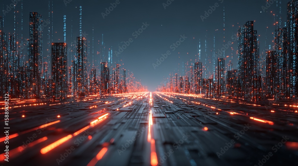 Poster futuristic cityscape featuring glowing data streams and interconnected network infrastructure, showc