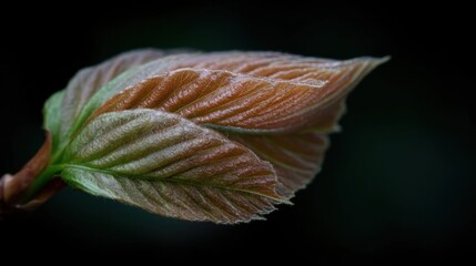 Close-up of a leaf. the leaf is elongated and has a pointed tip. the color of the leaf is a warm orange-brown, with darker brown veins running through it.