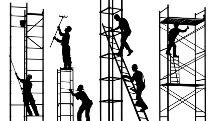 Silhouettes of construction workers on different levels of scaffolding and ladders.
The figures are shown climbing, standing, reaching, or holding tools while elevated. The composition emphasizes vert
