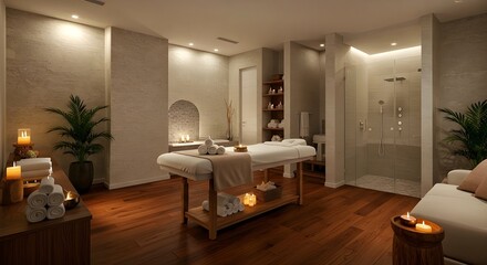 Fototapeta premium Modern Spa and Wellness Room with Massage Table and Relaxing Ambiance
