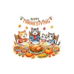 Fototapeta premium Festive Thanksgiving Celebration Featuring Cartoon Cats Enjoying a Holiday Meal