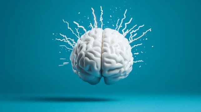 Brain floats against a blue background, symbolizing stress and the need for relief. Lightning like lines emanate from it, representing tension and the urgency of stress management