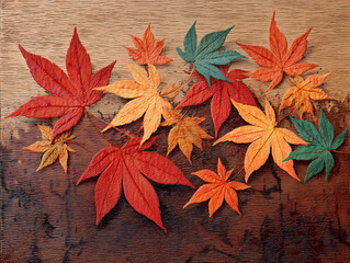 Obraz premium 木目の上に広がる色とりどりの紅葉した楓の落ち葉と秋の温もりを感じる背景