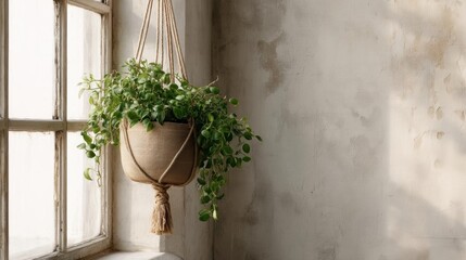 Potted plant hanging on a window sill. the plant is a succulent with green leaves and is in a woven basket with a tassel hanging from the bottom.