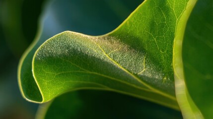 Close-up of a green leaf. the leaf appears to be fresh and healthy, with a glossy texture. the edges of the leaf are slightly curled, and there is a small indentation in the center.