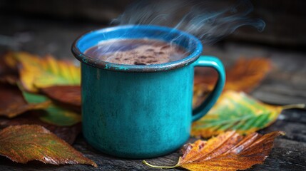 Steaming mug of hot cocoa surrounded autumn leaves