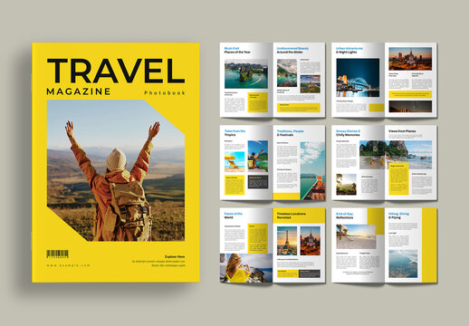 Modern Adventure Travel Photobook & Magazine Template with Yellow Accents
