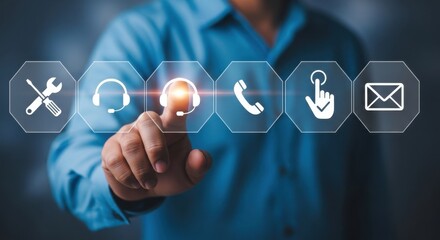 Customer service representative touching virtual interface with headset phone and hand icons for support
