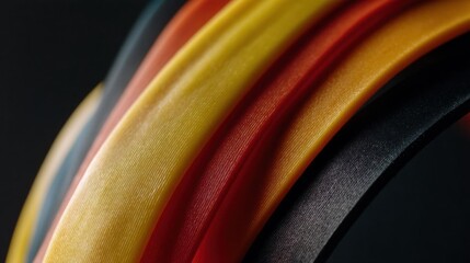 Close-up of a group of colorful ribbons. the ribbons are arranged in a horizontal line, with each ribbon having a different color - yellow, orange, red, blue, and black.