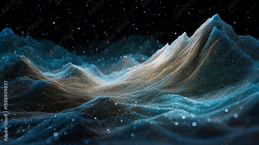 Poster digitally rendered mountain range under starry night sky showing data visualization and abstract ter