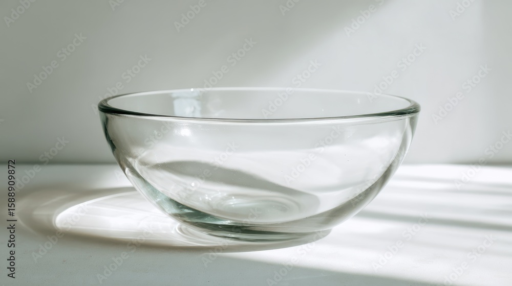 Poster a minimalist empty glass bowl placed on a clean white surface with soft shadows and simple lighting.