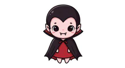 Adorable cartoon vampire with cape and fangs set against a transparent background, perfect for Halloween illustrations.
