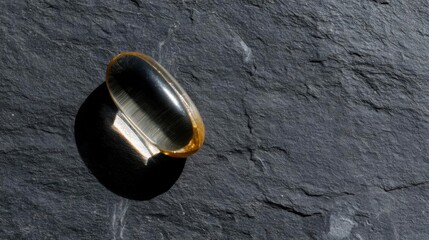 Single, oval-shaped object lying on a dark, textured surface. the object appears to be made of a shiny, metallic material, possibly gold or silver, and has a smooth, polished finish.