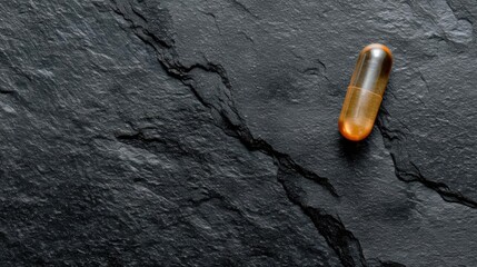 Single orange-colored capsule lying on a black textured surface. the capsule appears to be made of plastic or a similar material and has a smooth, shiny surface.