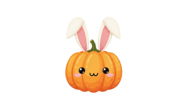 A cute cartoon pumpkin with bunny ears and a sweet smile is perfect for Halloween or Easter themed designs.