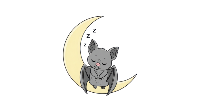 Adorable cartoon bat sleeps peacefully on a crescent moon against a black background, a whimsical and imaginative design. - Powered by Adobe