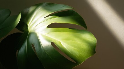 Close-up of a large, green leaf with a unique shape. the leaf appears to be a monstera deliciosa, a type of tropical plant.