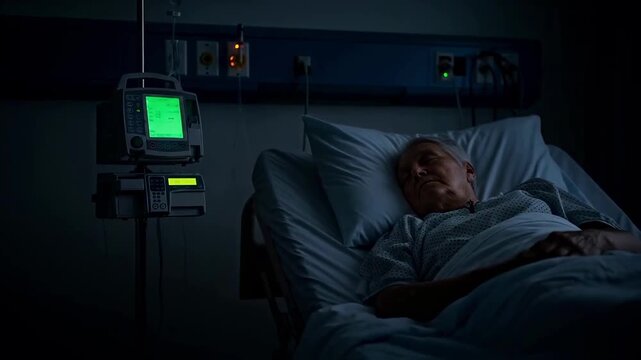 Elderly patient lying unconscious in a hospital bed at night connected to a medical monitor, a concept for critical illness, aging, end-of-life care and healthcare system