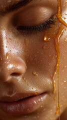 Obraz premium Close up of face with honey dripping on smooth skin and closed eyes, showing natural beauty and calm expression