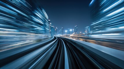 Long exposure showing the motion blur from an aerial train at night, capturing speed and energy, with neon motion lights, symbolizing innovation and progress