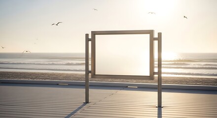 Serene Beach Boardwalk Sign at Sunset, Square Frame Display by the Ocean on a Bright Day