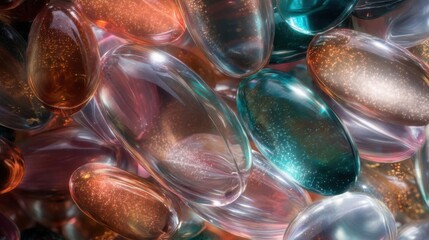 Close-up of a group of small, oval-shaped objects. the objects appear to be made of glass or a similar material and are of different colors and sizes.