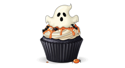 Celebrate the spooky season with a delectable Halloween cupcake topped with a friendly ghost and miniature spiders on a black background.