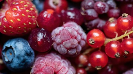 Close-up of a pile of fresh berries. there are a variety of berries in the image, including strawberries, blueberries, raspberries, and red currants.