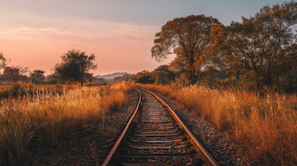 Obraz premium Serene Sunset Railway Track