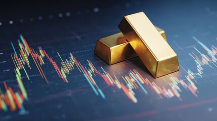 A candlestick stock market chart background with two gold bars on top, showing financial growth. Symbolizing gold growth and financial success in trading markets