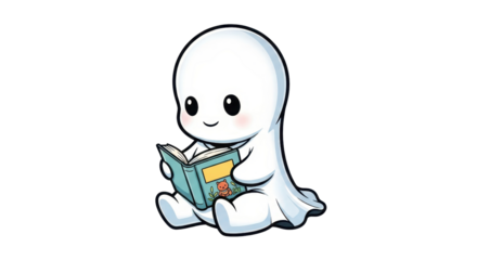 A charming cartoon ghost is captivated by a book featuring a cute bear, set against a clean transparent backdrop.
