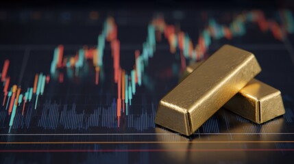 A candlestick stock market chart background with two gold bars on top, representing financial success and growth. Perfect for investment, gold growth, and finance concepts
