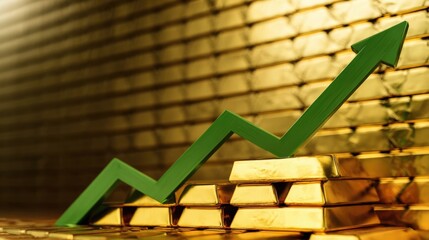A green arrow pointing upwards on the background of gold bars, symbolizing financial success and growth. Represents positive market trends and gold growth in finance