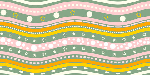 Vibrant Seamless Background with Wavy Lines, Star Shapes, and Colorful Circles