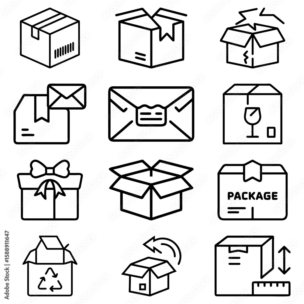 Poster collection of twelve different line art icons depicting various types of boxes and package designs n