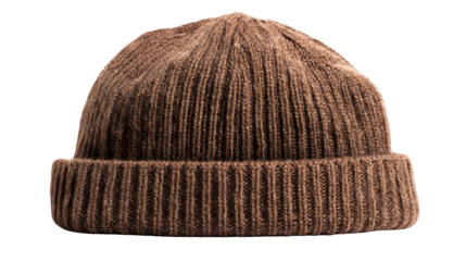 Brown knitted beanie hat showcases cozy winter fashion and warm headwear style isolated on transparent background