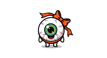 Charming eyeball cartoon character with a bow and blush stands out against a dark background, perfect for Halloween graphics or cute designs.
