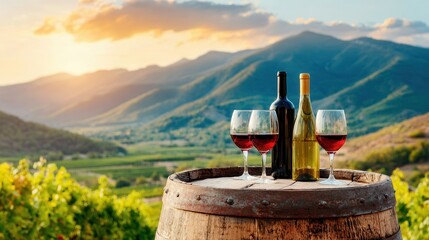 Wine tasting at scenic sunset vineyard with mountain backdrop