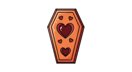 A charming orange coffin graphic features heart details, perfect for gothic romance themes or unique Halloween elements.