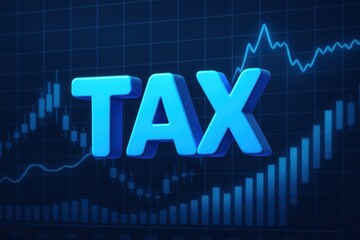 Obraz premium Tax and Financial Growth: A striking visual of the word TAX superimposed over a financial graph, symbolizing economic concepts. The graph ascends, reflecting growth, progress.