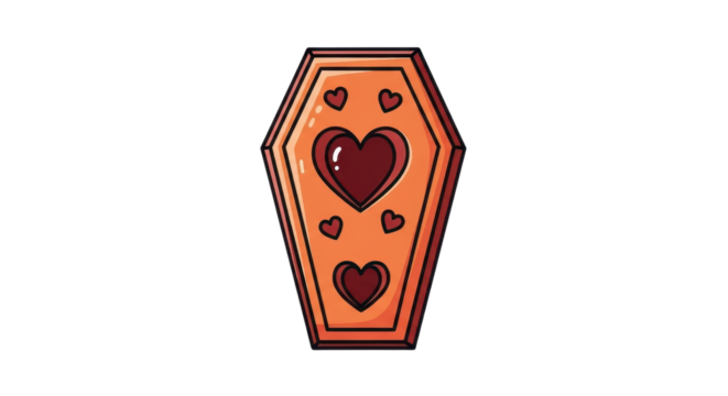 A charming orange coffin graphic features heart details, perfect for gothic romance themes or unique Halloween elements.